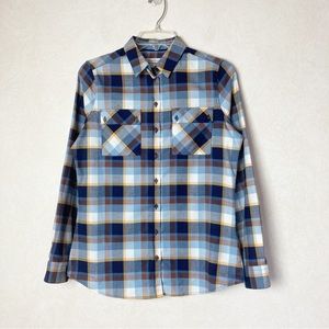 Barbour Plaid Button Down Shirt Regular Fit Navy Blue Brown Cream Women Size 4